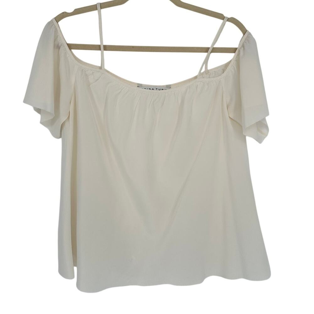 Trina Turk Silk Blouse L Cream Flutter Sleeve Off Shoulder Coastal Luxe Blouse